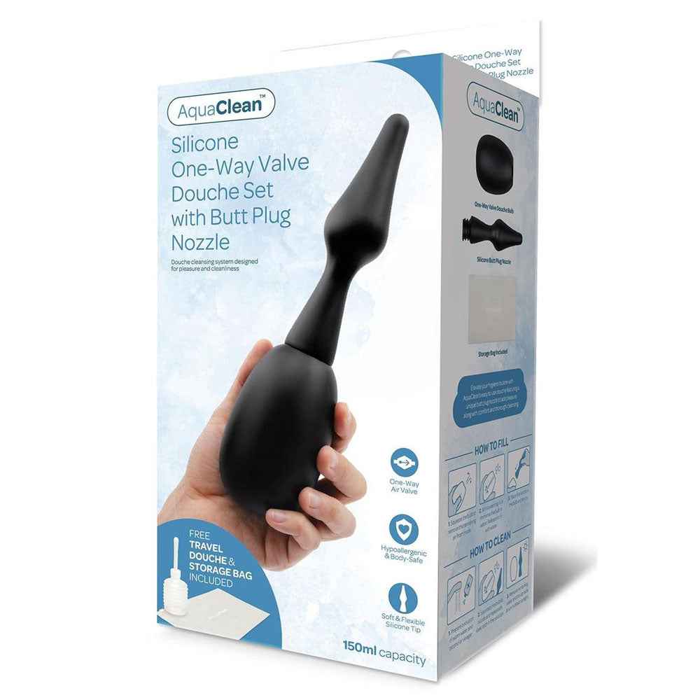 AquaClean Silicone 1-Way Valve Douche Set with Butt Plug Nozzle