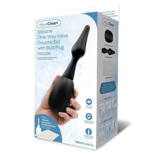 AquaClean Silicone 1-Way Valve Douche Set with Butt Plug Nozzle