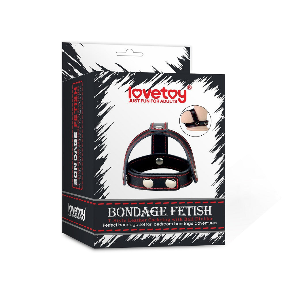 Bondage Fetish T-Style Leather Cock Ring with Ball Divider - Discount Adult Zone